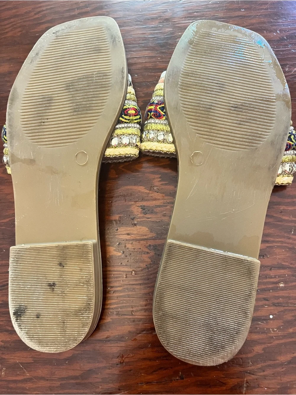 Cherokee Embellished Tan Slide Sandals with Multicolor Beaded Strap Size 9